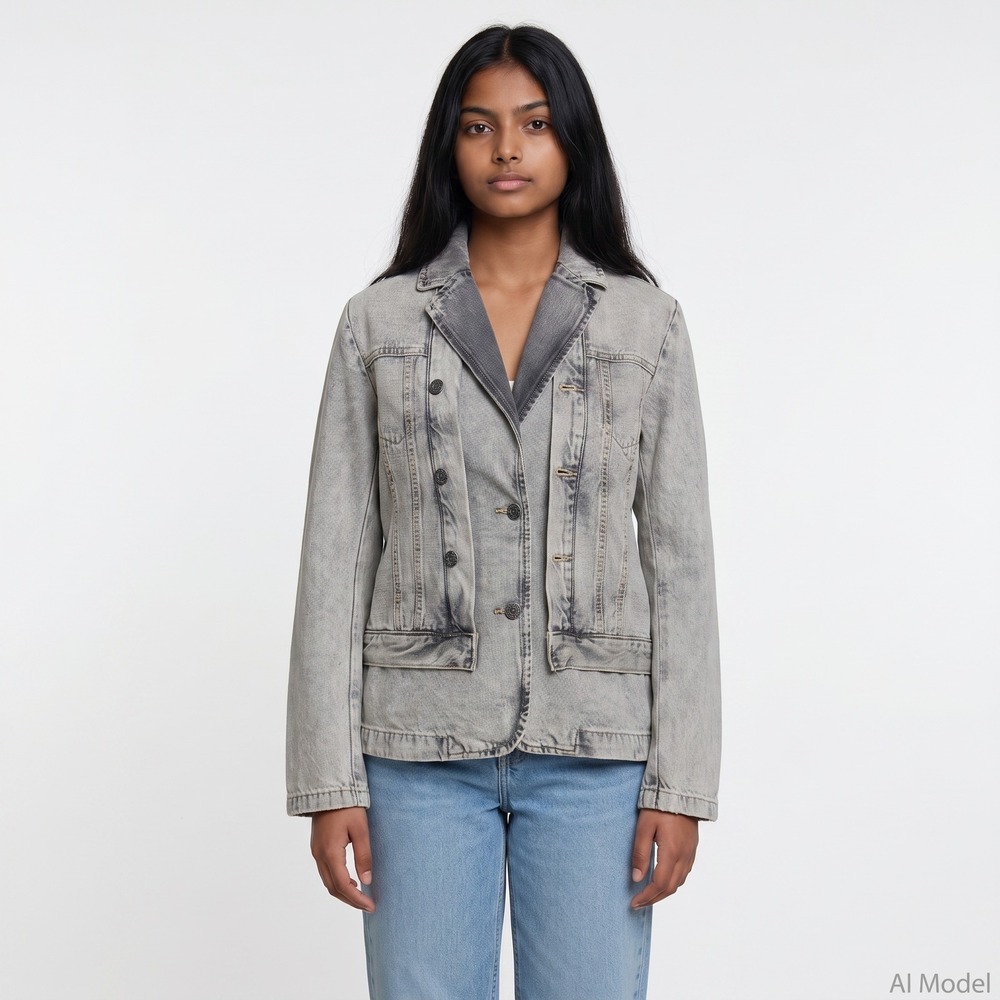 Desigual Chaq Dublin Denim Blazer Jacket Womens S Grey Acid Wash 24WWED42 NWT